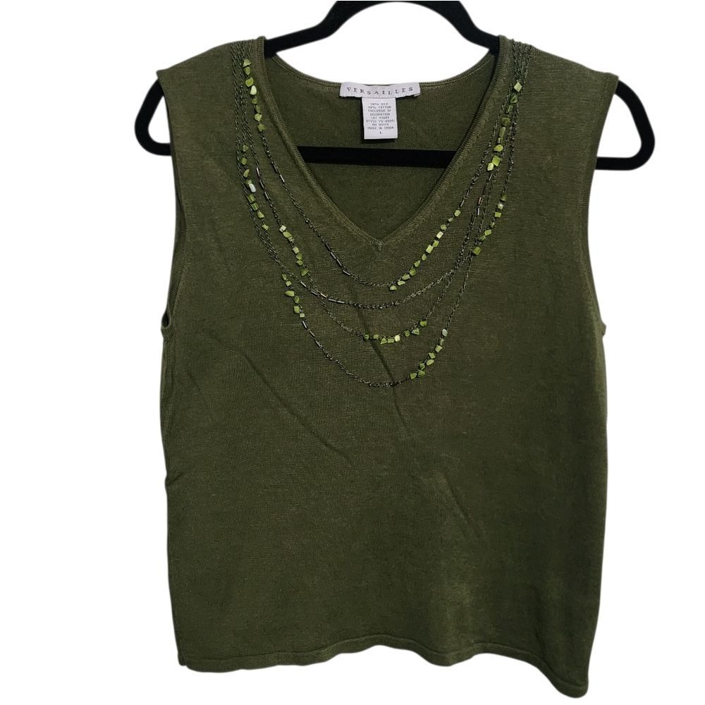 Vintage Versailles Tank Top L Silk Blend Green Knit Beaded Embroidered